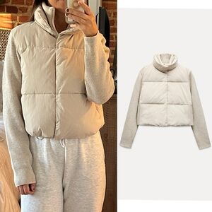 ZARA MIXED QUILTED JACKET ZW COLLECTION SMALL BEIGE ECRU PUFFER KNIT SLEEVE COAT